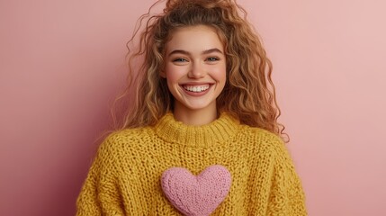 A joyful woman in a cozy yellow sweater embraces a soft pink heart-shaped pillow, radiating warmth and love on this special Valentine's Day.
