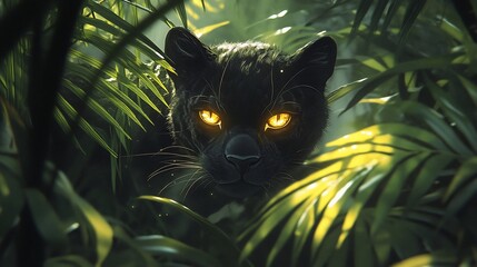Black panther with glowing eyes hidden in lush jungle foliage.