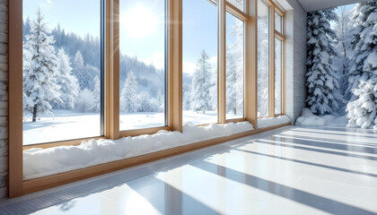 Fototapeta premium bright room windows snowy landscape