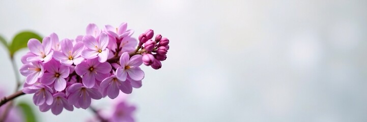 Fototapeta premium Spring lilac branch with delicate flowers against a minimalist background, garden elements, botanical, spring flowers