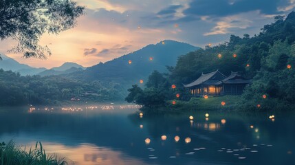 Obraz premium Serene Lakeside Pavilion Sunset With Floating Lanterns