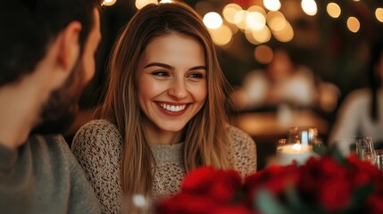 A joyful woman shares a romantic moment at a table with a man, surrounded by a stunning bouquet of vibrant red roses, celebrating love and connection.