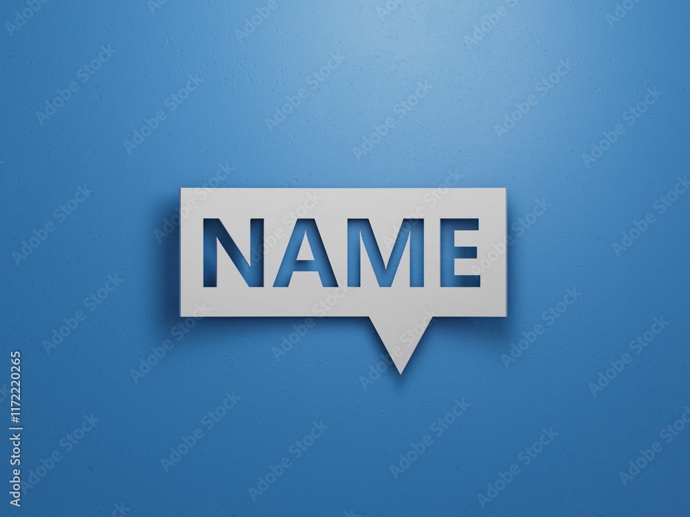 Poster concept word name on cubes.minimalist abstract design with white cut out paper.3d rendering on blue 