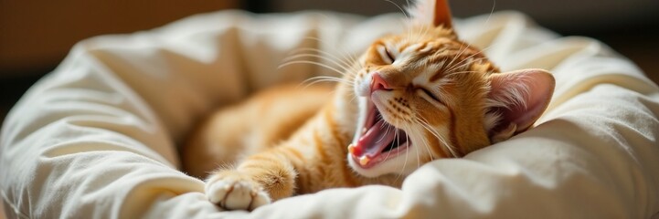Orange kitty yawns and leans against a soft cushion, kittyfun, kitty bed