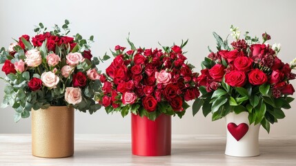 Fototapeta premium Three elegant vases filled with vibrant flowers rest on a charming table, radiating love with a delicate heart accent nearby.