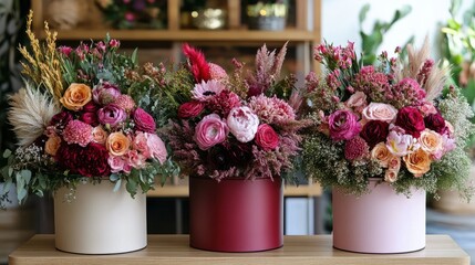 Obraz premium A romantic table adorned with three elegant vases filled with vibrant flowers, infusing the room with love and warmth this Valentine's Day.