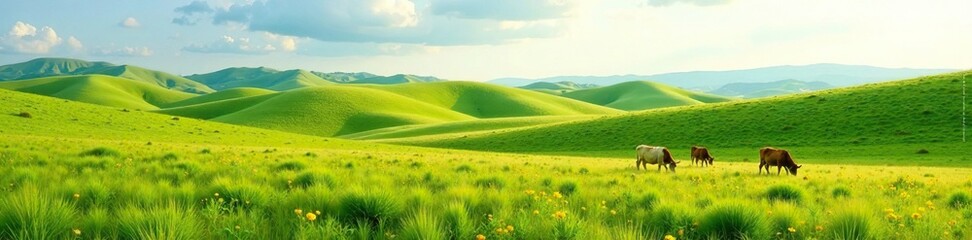 Fototapeta premium Pasturelands for cattle grazing with rolling hills, agriculture, grassland, grazing