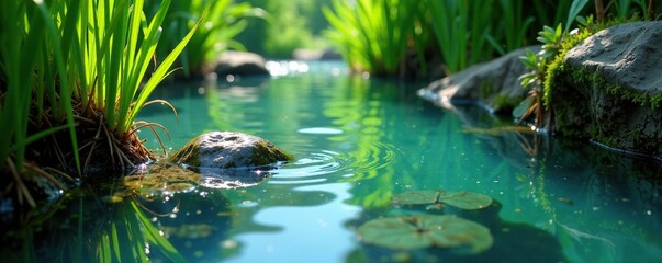 Fototapeta premium Crystal clear water flowing gently through reeds, water flow, aquatic life