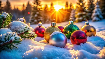 Winter wonderland: Christmas baubles adorn snowy landscapes, a festive scene.