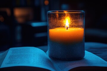 Lit candle in glass sits atop open book. Perfect for concepts of faith, study, or quiet reflection.