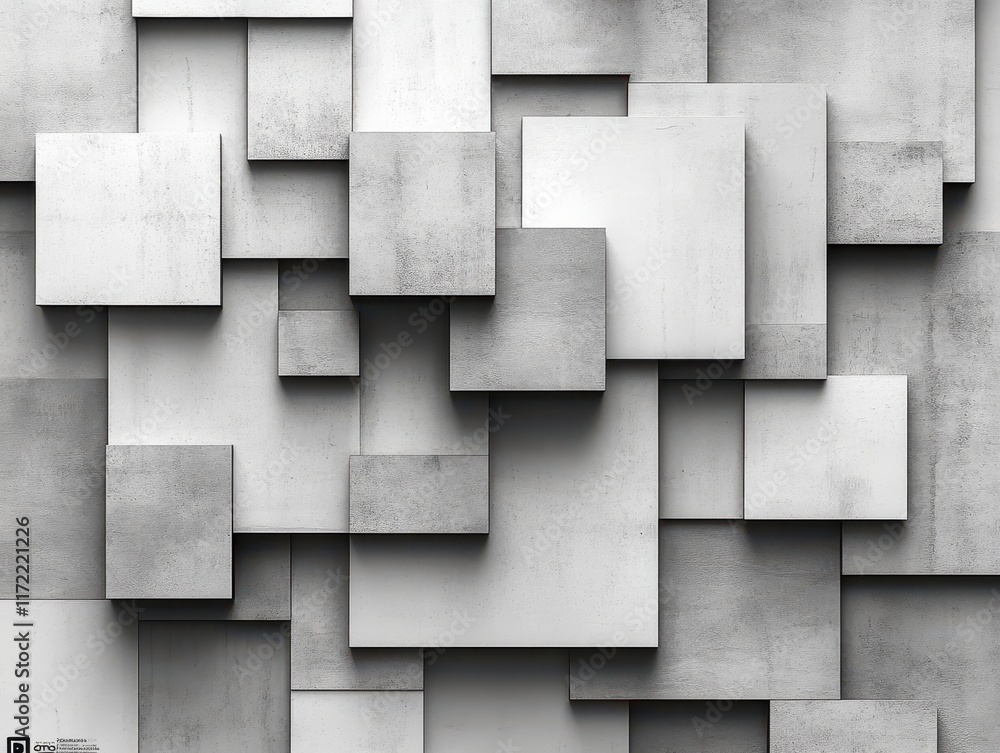 Poster abstract composition of overlapping gray and white geometric shapes.