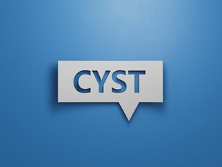 cubes with the word cyst. Care concept.Minimalist Abstract Design With White Cut Out Paper.3D rendering on blue background.