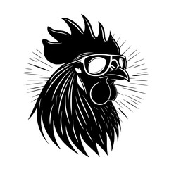 Stylized Rooster Head with Goggles Illustration, A bold vector illustration of a rooster head wearing goggles, featuring sharp lines and a modern, graphic art style.

