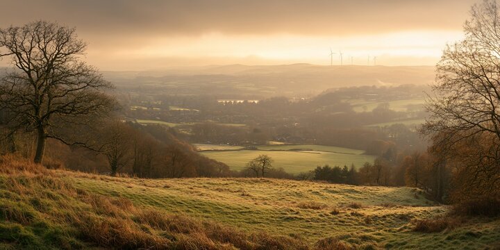 Sunrise over a valley landscape, panoramic view, scenic