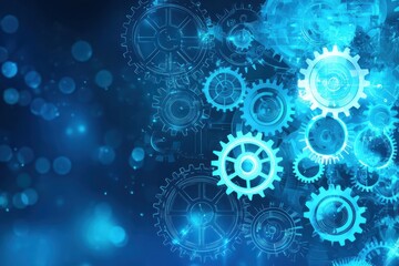 Abstract Blue Technology Background with Gears and Light Effects