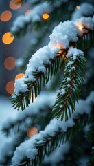 Snow-covered pine branch with shimmering gold accents, decorations, winter