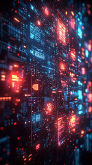 Fototapeta premium Abstract futuristic holographic interface with floating geometric icons and glowing lines in blue and purple light, set against a dark digital void, symbolizing future technology and virtual interact