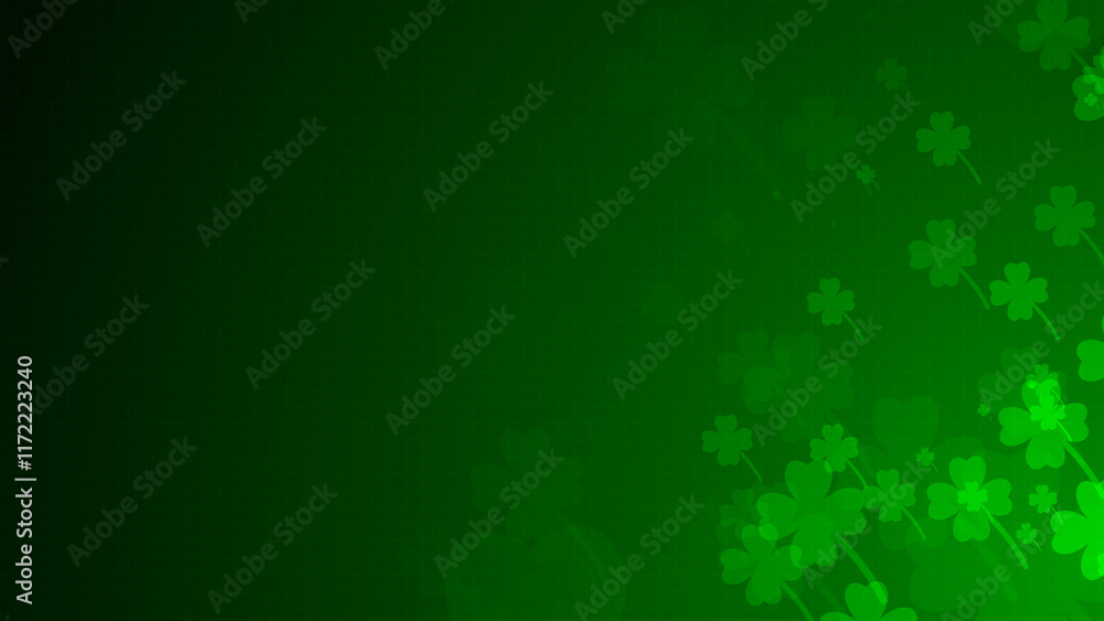 Poster green four-leaf clover shapes are moving from the bottom right of a gradient grid abstract backgroun