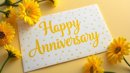 Happy Anniversary Greeting Card with Yellow Gerbera Daisies on a Pastel Yellow Background