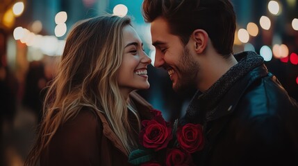 Two lovers gaze into each other's eyes, their smiles radiating warmth and affection, capturing the essence of romance on this special day of love.