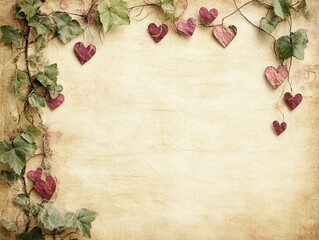 Vintage Scrapbook Style Background with Heart-Shaped Paper and Ivy for Creative Projects