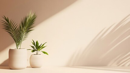 Two potted plants bask in sunlight against a beige wall