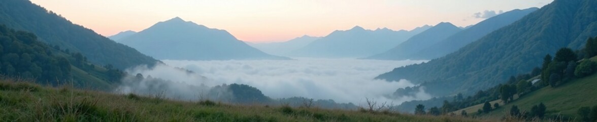 Naklejka premium Foggy morning in a valley with mountains in the background, nature, cloud