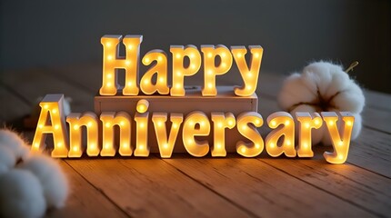 Illuminated "Happy Anniversary" Sign on Wooden Table with Cotton Decor