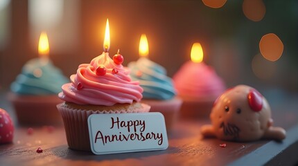 Romantic Anniversary Cupcakes with Candles and a Sweet Figurine, Warm Evening Glow, Close-Up View