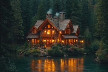 Fototapeta premium Cozy log cabin nestled in a dark forest, illuminated warmly at night. Perfect for illustrating tranquility, escape, or a peaceful retreat.