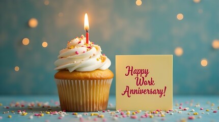 A Delicious Cupcake with a Lit Candle Celebrates a Happy Work Anniversary