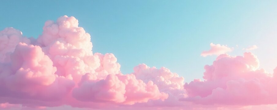 Soft pink clouds drift across a pale blue sky with a few wispy strands, whimsical, sky, clouds
