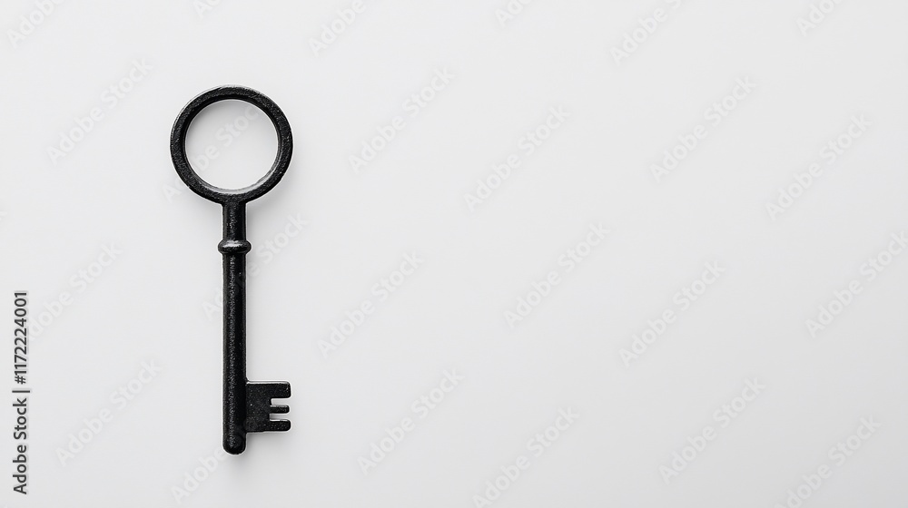 Poster a simple black key on a white background, symbolizing access and security.
