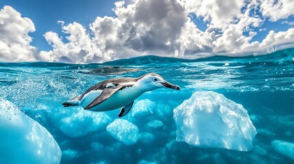 Fototapeta premium Penguin swimming underwater near icebergs.