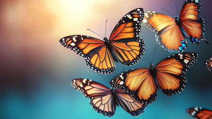 Fototapeta premium Monarch butterflies soaring at sunset in a colorful sky