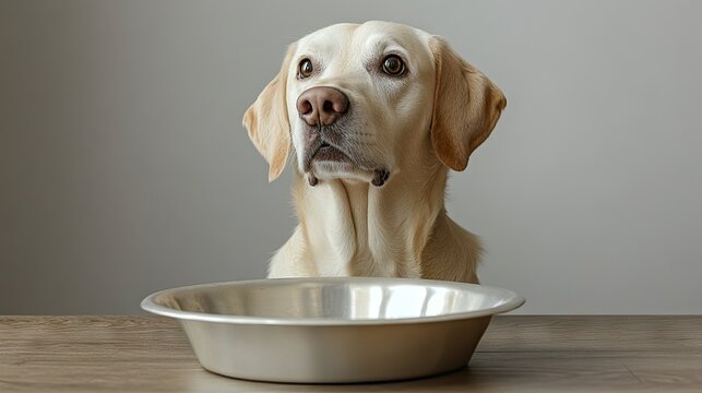 A Labrador Retriever sits expectantly in front of a stainless steel food bowl.