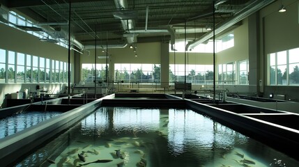 Aquaculture facility with large tanks containing various species of fish, sustainable farming practices, and advanced technology for water quality monitoring and feeding systems. 