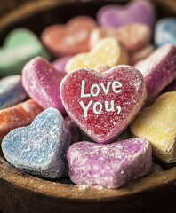 Obraz premium Colorful Heart-Shaped Valentine's Day Candies with Messages in Soft Light, Close-Up