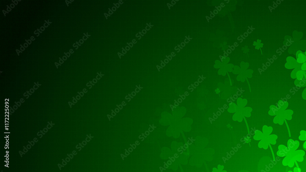Poster green four-leaf clover shapes are moving from the bottom right of a gradient grid abstract backgroun