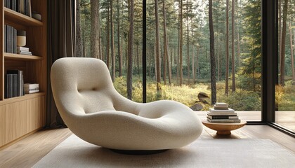 Beige armchair near window with forest view. Perfect for relaxation, interior design, and tranquility themes.