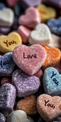 Colorful Heart-Shaped Valentine's Day Candies with Messages in Soft Light, Close-Up