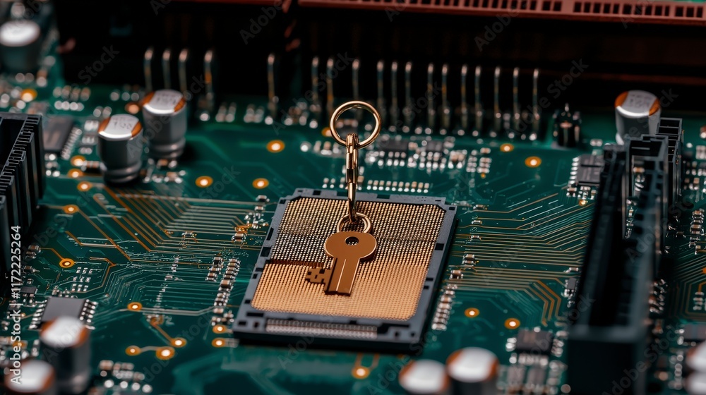 Poster computer chip security gold key on microprocessor circuit board