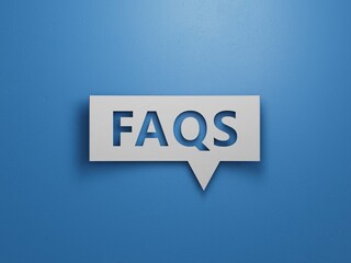 faqs word written on Speech Bubble with copy space.Minimalist Abstract Design With White Cut Out Paper.3D rendering on blue background.