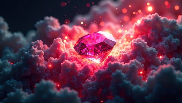 Glowing metallic cyclone surrounding a large ruby gemstone, mystic powers, ruby