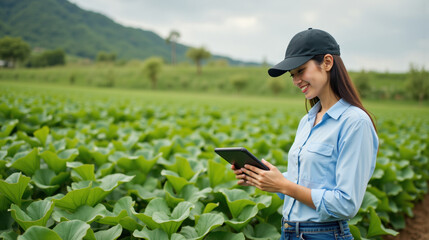Young Farmer Using Tablet in Lush Green Organic Crop Field