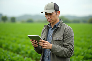 Young Man Uses Tablet in Lush Green Agricultural Field Landscape
