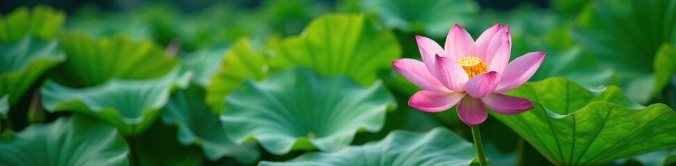 Fototapeta premium Green lotus leaves surround a central bloom in lake, green, lake lotus flowers green leaves surrounding blooms, peaceful