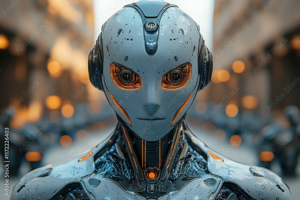 Poster a futuristic humanoid robot with glowing features in an urban setting.