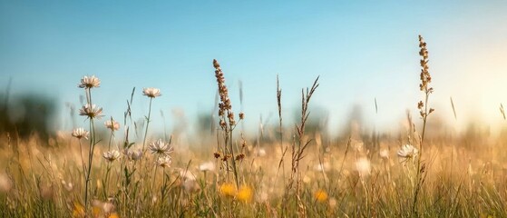 Obraz premium Serene Summer Meadow Wildflowers and Grasses in Golden Sunlight