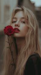 Naklejka premium A glamorous blond woman with flowing hair and bold red lipstick elegantly cradles a vibrant rose, embodying romance and allure on Valentine's Day.